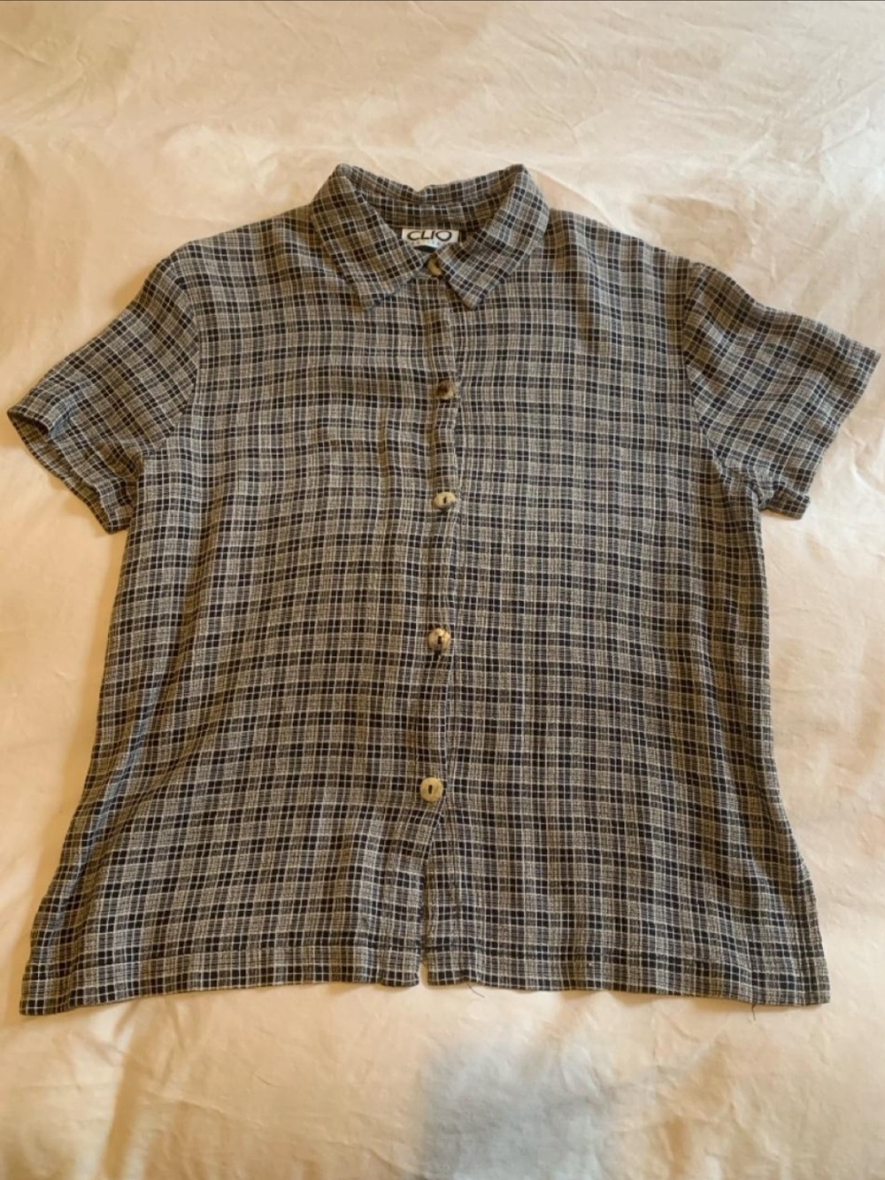 Vintage Clio Petites Gray Plaid Short Sleeve Button-Up Shirt